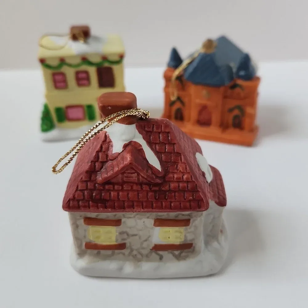 Vintage‎ Set of 3 Ceramic Charming Snow Christmas Village Bell Ornaments